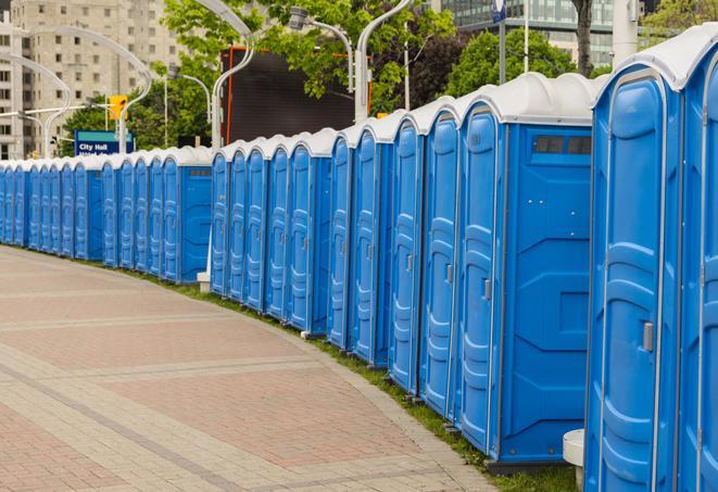 Seasonal porta potty units set up at a Lawrenceville, Georgia venue